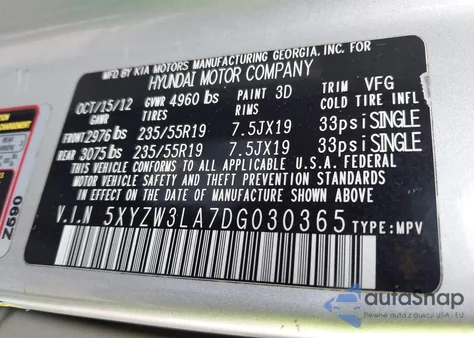 2013 Hyundai Santa Fe Sport 2.0T z USA, uszkodzony, nr VIN 5XYZW3LA7DG030365